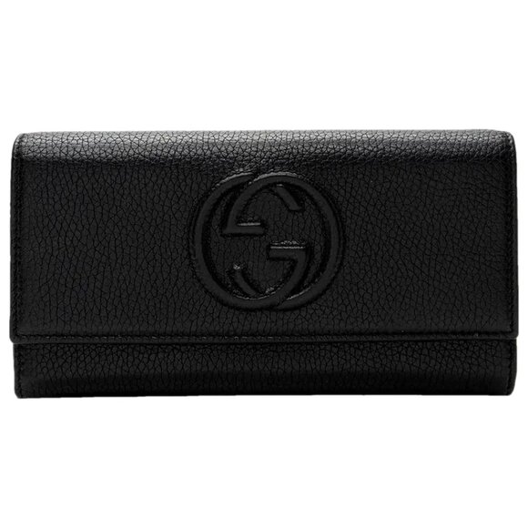 Gucci Soho Black Pebbled Leather Long Wallet Flap GG Large Authentic Italy NEW - Picture 1 of 16